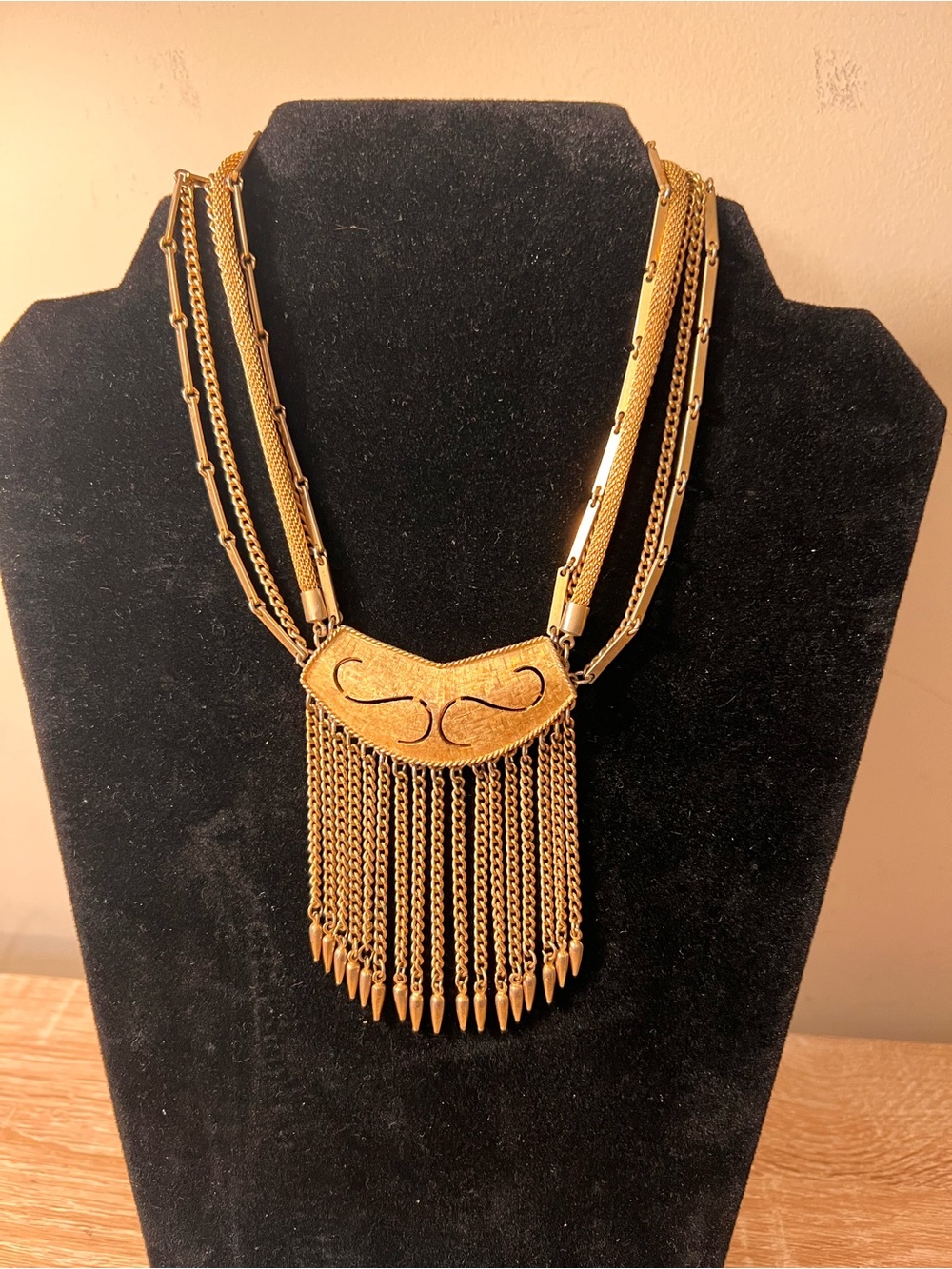 MCM 1950s vintage designer TAN , Gold-Tone Multi-Chain Fringe Statement Necklace - Picture 7 of 7